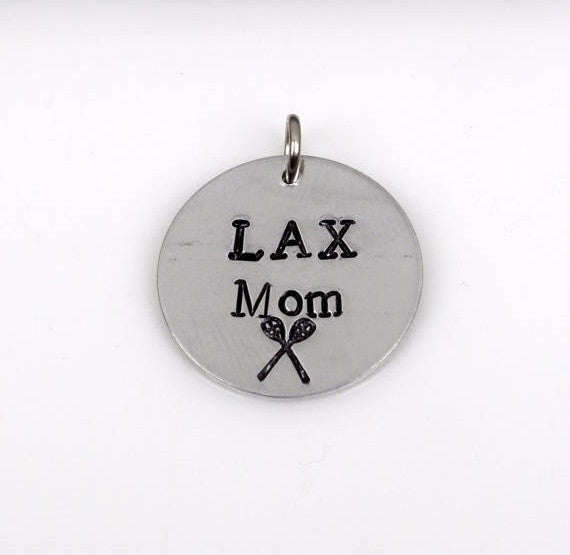 LAX MOM Hand Stamped Disc Charm Pendant, Lacrosse charms, 3/4" diameter