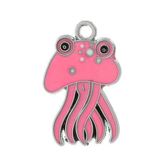 4 PINK JELLYFISH Charms Pendants, Silver charms with enamel,  29x19mm, che0514