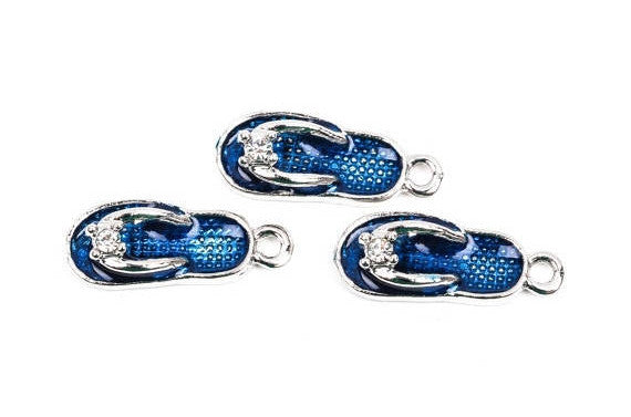 10 Silver Tone and Blue Enamel and Rhinestone FLIP FLOP Shoes Charm Pendants  23x9mm  che0466