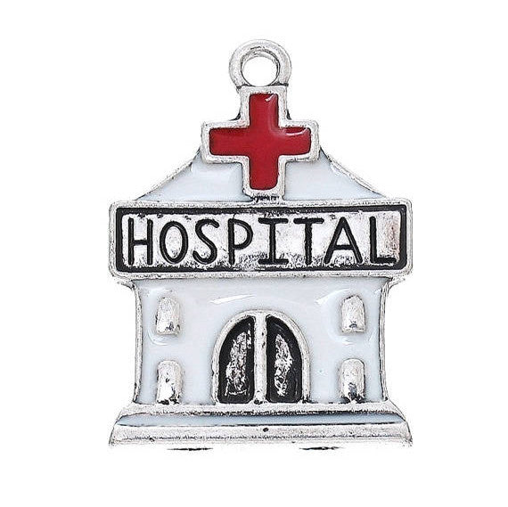 4 HOSPITAL Charms, silver with red and white enamel,  che0488