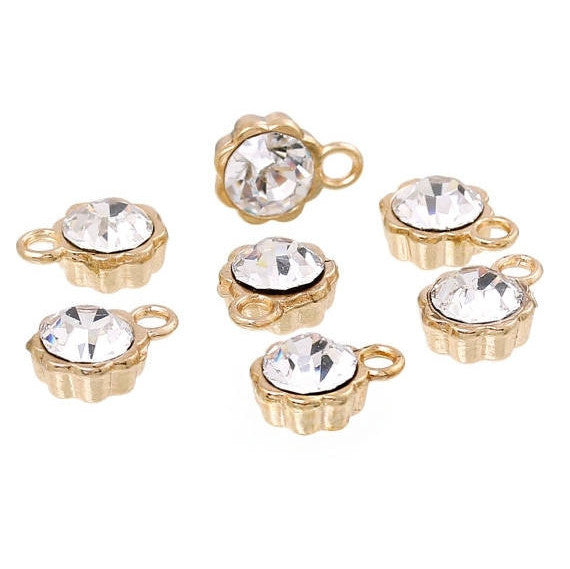 10 Gold Plated Rhinestone Drop Charms, 8mm flower circle with crystal embedded in center  chg0164