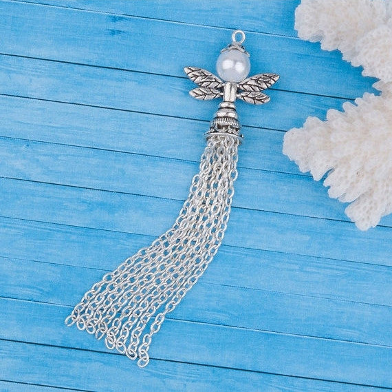 2 Silver Tone ANGEL CHAIN Tassel Pendant Charms, pearl wings, about 3-3/8" long chs2454