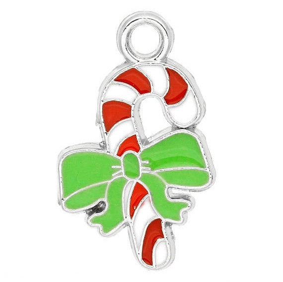 2 Silver Enamel CANDY CANE Christmas Charms Pendants che0219