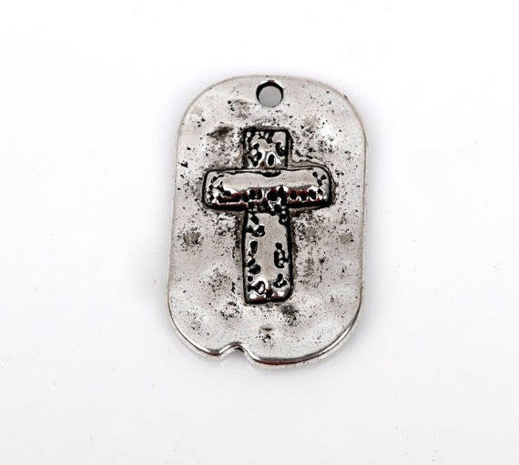 5 Silver Rustic Cross Dog Tag Charm Pendants, Metal Cross Charms, Hammered Metal, Embossed Cross, 29x18mm, chs2344