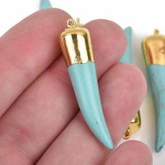 1 HORN or CLAW Tusk Charm Pendants, turquoise blue Howlite Gemstone with gold electroplate, 42x10mm, cgm0055