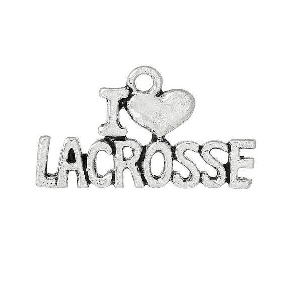 5 Antique Silver I LOVE Lacrosse Charm Pendants  chs1370