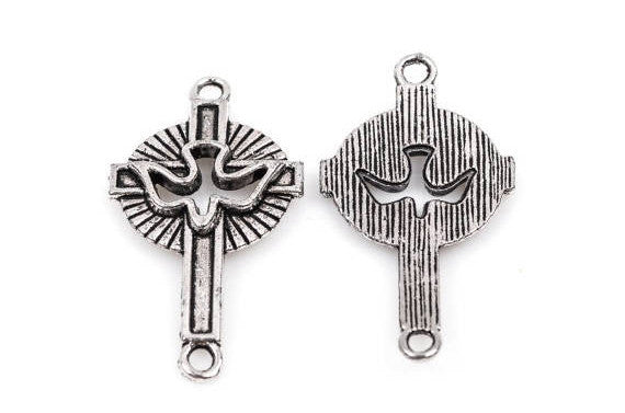 10 PEACE DOVE Cross Charm Pendants, Silver Metal Connector Links, 2 holes, Confirmation Cross,  chs2123