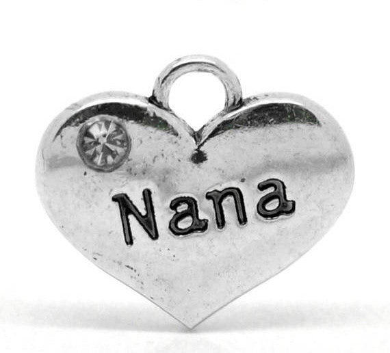 1 Silver Tone Rhinestone " Nana " Heart Charm Pendants 16x14mm (5/8"x1/2"). Chs0862