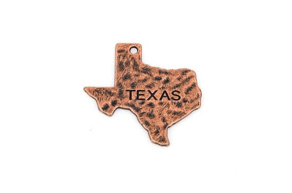 4 Stamped TEXAS STATE Cutout Charm Pendants, hammered antique copper tone metal, chc0035