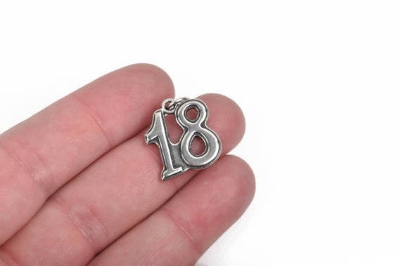 2 Stainless Steel Number EIGHTEEN Charm Pendants, 18 drinking age, adult charm, class of 2018 charm, 19.5x17.5mm, chs2814