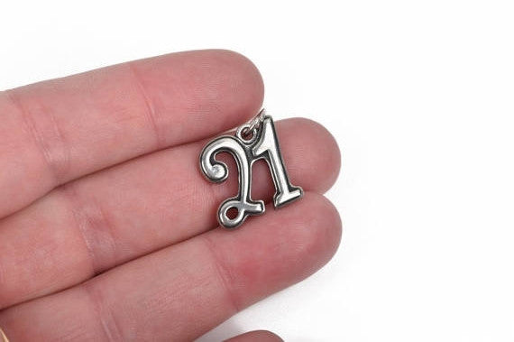 2 Stainless Steel Number TWENTY-ONE Charm Pendants, 21 drinking age, adult charm, class of charm, 17x17 chs2818