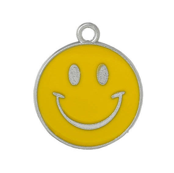 5 Large Yellow Enamel Silver Tone SMILE FACE Charm Pendants  che0390