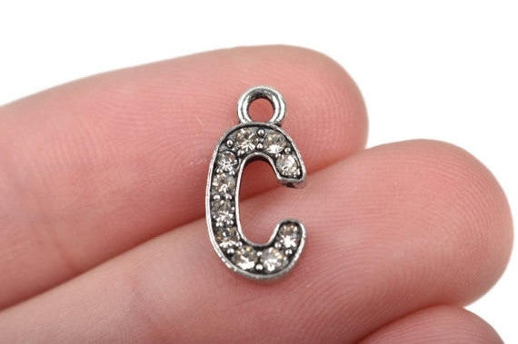 4 Letter C Monogram Initial Letter Charms, Rhinestones embedded in silver metal, 15mm (5/8"), chs2627