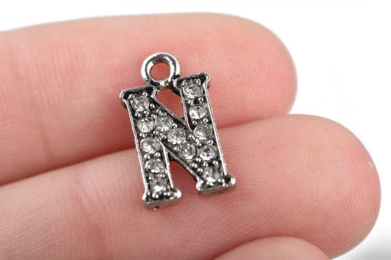 4 Letter N Monogram Initial Letter Charms, Rhinestones embedded in silver metal, 15mm (5/8"), chs2638