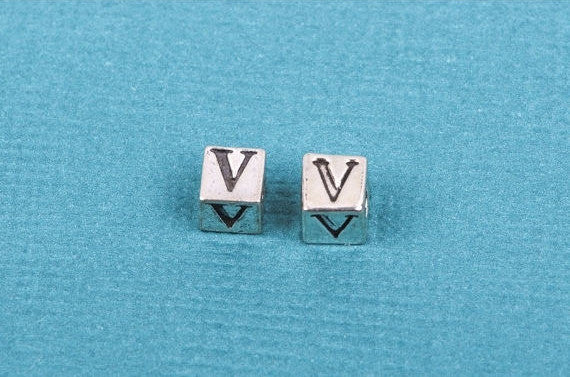 Alphabet LETTER V Sterling Silver Alphabet Block Bead, Square Cube, 5.5mm, pms0298