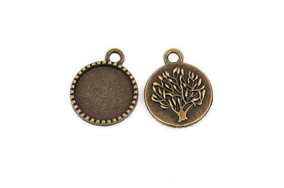 10 Bronze TREE OF Life Charm Pendants, Cabochon Bezel Tray, fits 14mm round cabs, chb0356