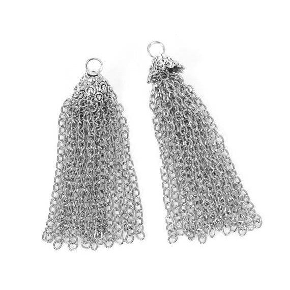 2 SILVER CHAIN Tassel Pendant Charms, no charm dangles, about 2.75" long chs2412