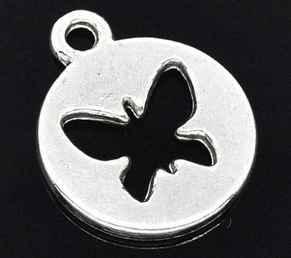 10 pc.  Silver Tone Metal CUT OUT Butterfly Circle Disc Charm Pendants . chs0755