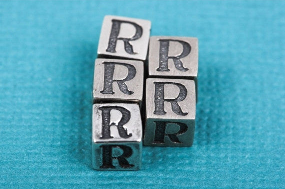 Alphabet LETTER R Sterling Silver Alphabet Block Bead, Square Cube, 5.
