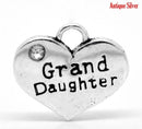 1 GRAND DAUGHTER Antique Silver Tone Charm Pendants, heart with rhinestones  chs0855