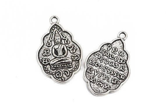 2 THAI BUDDHA charm pendants, antique silver metal, religious icon, 42x26mm, chs2737