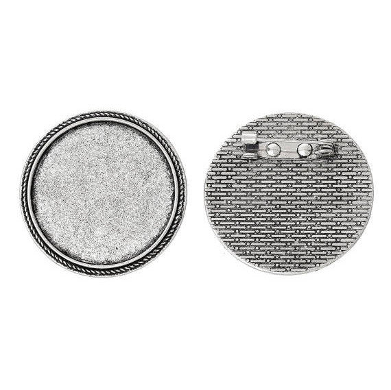 10 Antiqued Silver Brooch Pin with Bezel Cabochon Tray, 1-1/8" Bezel Tray (fits 30mm) pin blanks, pin0089