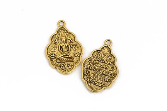 2 THAI BUDDHA charm pendants, antique gold metal, religious icon, 42x26mm, chg0528