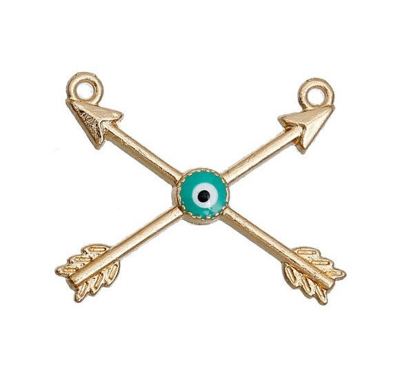 5 CROSSED ARROWS Charms, with Evil Eye, Light Gold Plated Charm Pendants, 2-hole Pendant Connector Link, 29x23mm, chg0417
