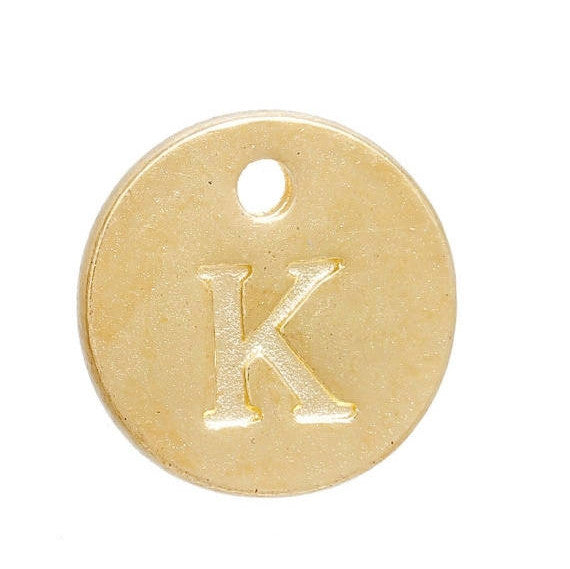 10 Letter K Alphabet Charms Gold Plated Monogram, double sided round disc letter charms, dot charms, 12mm, (1/2") chg0459