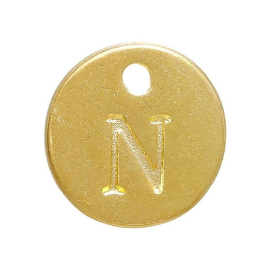 10 Letter N Alphabet Charms Gold Plated Monogram, double sided round disc letter charms, dot charms, 12mm, (1/2") chg0462