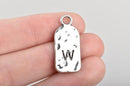 5 Letter W Monogram Initial Letter Stamped Rectangle Tag Charms, Hammered Antiqued Silver Tone Metal, 27x12mm, chs2621