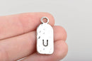 5 Letter U Monogram Initial Letter Stamped Rectangle Tag Charms, Hammered Antiqued Silver Tone Metal, 27x12mm, chs2619