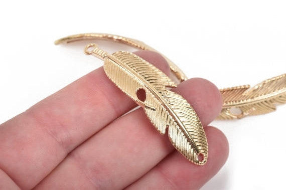 5 FEATHER Bracelet Connector Links, LIGHT Gold metal charms, curved bracelet charms, 57x15mm, 2-1/4" long chg0452