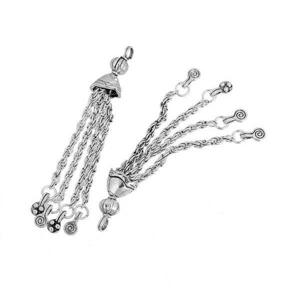 2 Silver Tone ROPE CHAIN Tassel Pendant Charms, dotted accent charms, about 3" long chs2410