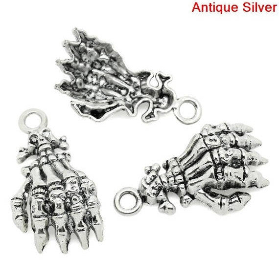 5 Antique Tibetan Silver SKELETON HAND Gothic Charm Pendants for Halloween . 38mm x 21mm chs0629