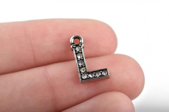4 Letter L Monogram Initial Letter Charms, Rhinestones embedded in silver metal, 15mm (5/8"), chs2636