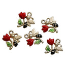 5 FLOWER and BEE Charms, Red Rose with Gold Tone Bee Insect, Enamel and Metal Rhinestone Pendants, 18x16mm, chg0541