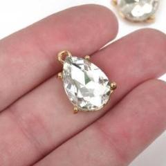 2 Rhinestone Teardrop Drop Charm Pendants, gold bezel setting, faceted crystal glass, 3/4" long chg0425