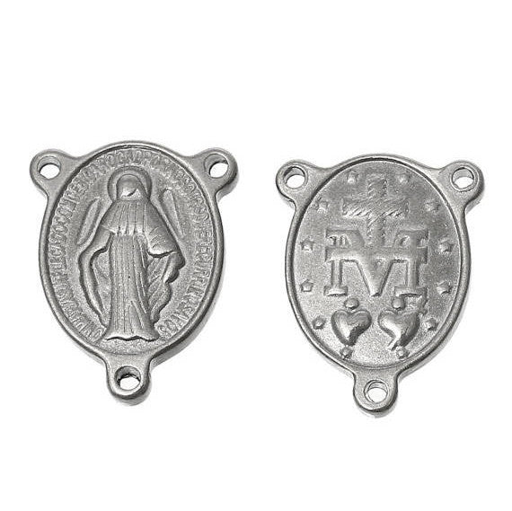 5 Silver Stainless Steel ROSARY CENTERPIECE Virgin Mary, Oval Tripiece, Charm Pendants, connector link chs2023