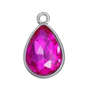 10 HOT TOURMALINE Pink Rhinestone Teardrop Drop Charms, Crystal Glass in Silver Tone Bezel, October Birthstone, 19x12mm, chs2793