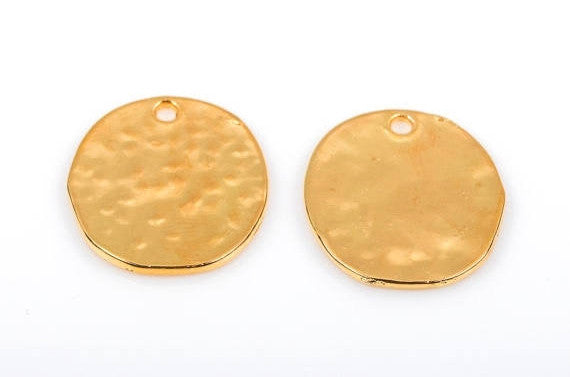 5 Gold Circle Oval Charm Pendants, hammered metal, bright gold plated, about 1" diameter chg0282