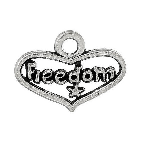 10 Small Silver Tone FREEDOM Heart Cut Out Charms Pendants chs1170