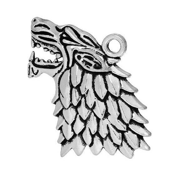 5 Large WOLF HEAD Charms Pendants, antiqued silver metal, 1-3/4"   chs2030