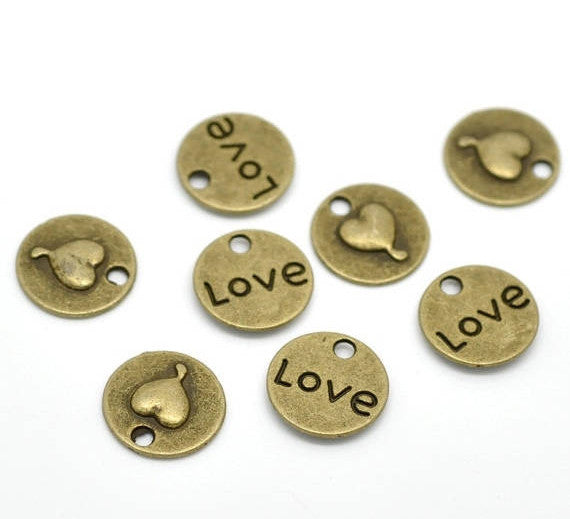 10 Antique Bronze Tone Metal LOVE and HEART Circle Charm Pendants 15mm.  Chb0055