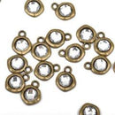 10 Bronze Rhinestone Drop Charms, 10mm asymmetrical circle with faceted rhinestone embedded in center, chb0463a