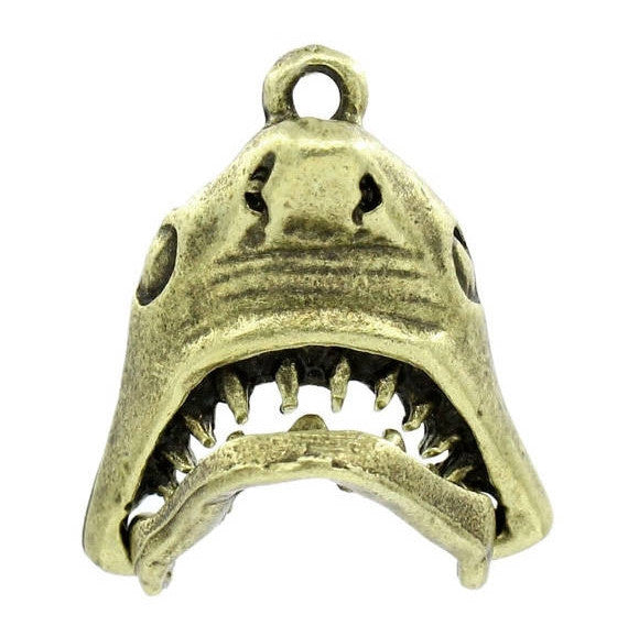 3 MOVEABLE SHARK Head Charm Pendants, Bronze Tone Metal . chb0255