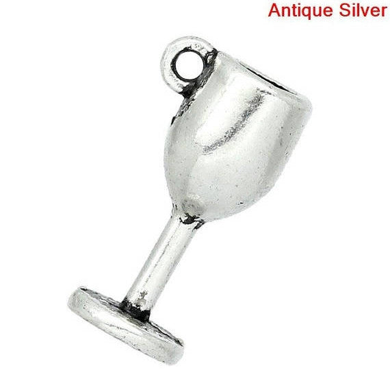 10 WINE GLASS Antique Silver Tone Metal Charm Pendants chs0630