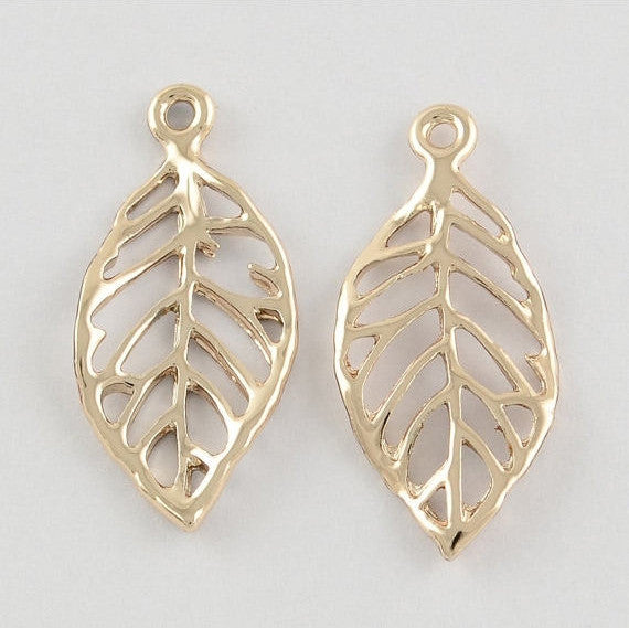 10 LEAF Charm Pendants, light gold plated metal, open cut out design, 28x13mm, chg0297