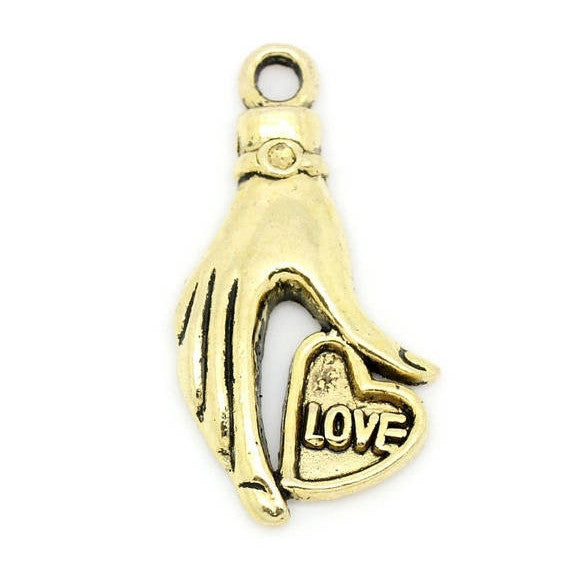 5 Gold Tone Hand Holding "LOVE" Heart Charm Pendants (Can hold rhinestone) chg0128