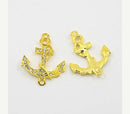 2 Bright Gold Metal Rhinestone Anchor Charm Connector Links, Clear Rhinestones,  chg0377